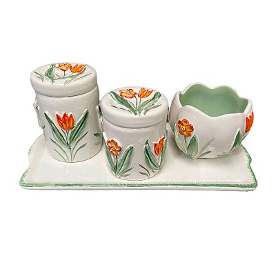 Kit Higiene De Cerâmica 4 Peças - Tulipa Laranja