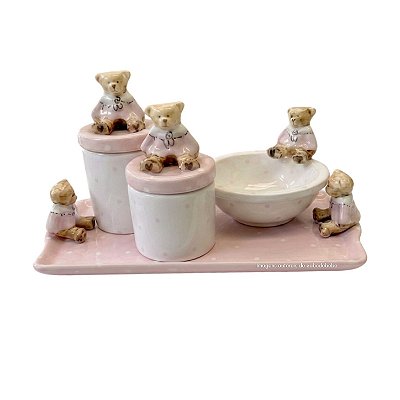 Kit Higiene De Cerâmica 4 Peças - Ursa Hobby/Rosa Poá
