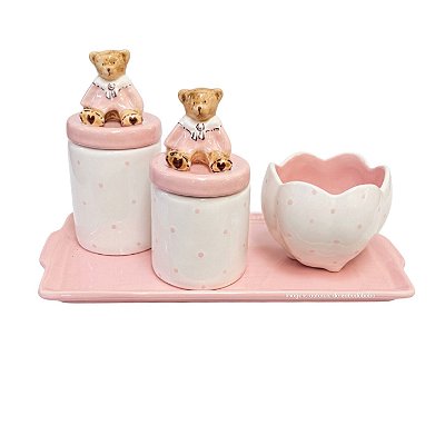 Kit Higiene De Cerâmica 4 Peças - Ursa Robby/Poá Rosa