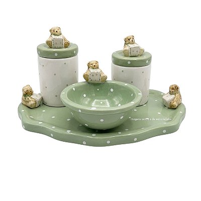 Kit Higiene De Cerâmica 4 Peças - Urso Cubo/Verde Malva