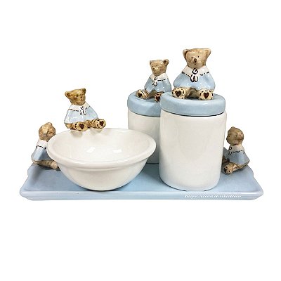 Kit Higiene De Cerâmica 4 Peças - Urso Hobby/ Azul Bebê