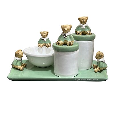 Kit Higiene De Cerâmica 4 Peças - Urso Hobby/Verde Malva