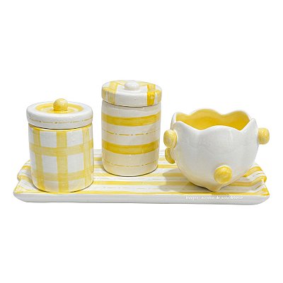 Kit Higiene De Cerâmica 4 Peças - Xadrez Amarelo