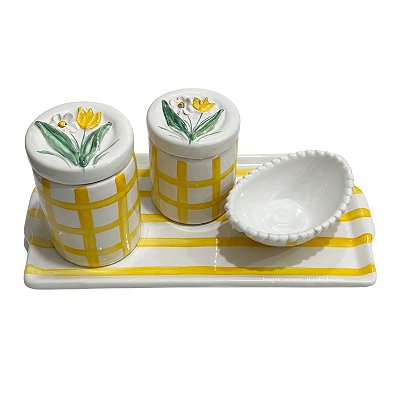 Kit Higiene De Cerâmica 4 Peças - Xadrez Amarelo/Amarelo