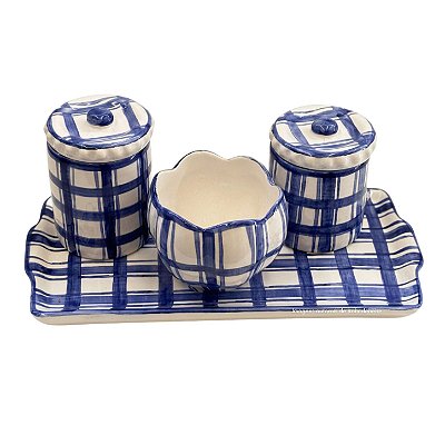 Kit Higiene De Cerâmica 4 Peças - Xadrez/Azul Carbono/Tampa Bolinhas