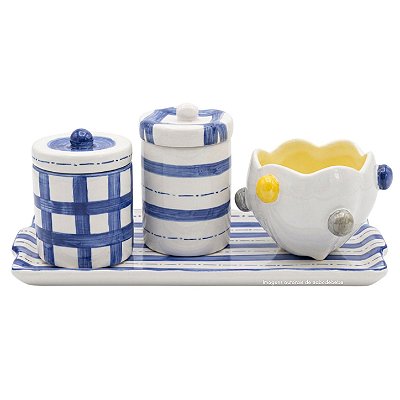 Kit Higiene De Cerâmica 4 Peças - Xadrez/Azul/Amarelo