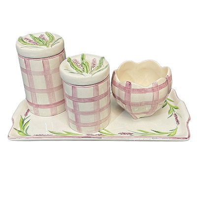 Kit Higiene De Cerâmica 4 Peças - Xadrez/Lavanda