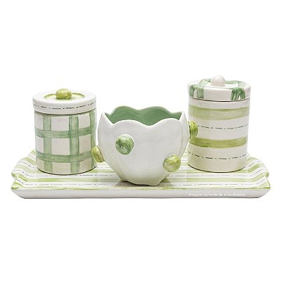 Kit Higiene De Cerâmica 4 Peças - Xadrez/Verde