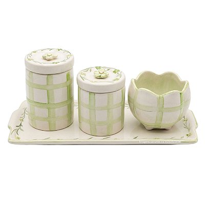 Kit Higiene De Cerâmica 4 Peças - Xadrez/Verde Claro