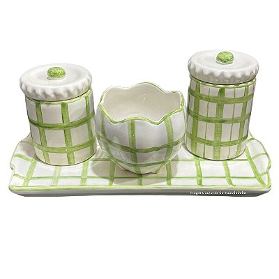Kit Higiene De Cerâmica 4 Peças - Xadrez/Verde Claro/Tampa Com Bolinhas