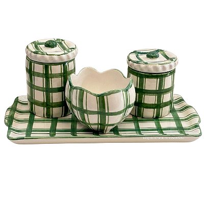 Kit Higiene De Cerâmica 4 Peças - Xadrez/Verde Escuro/Tampa Com Bolinhas