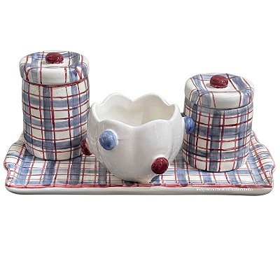 Kit Higiene De Cerâmica 4 Peças - Xadrez/Vermelho/Azul