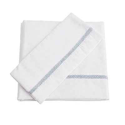 Jogo De Lençol 180 Fios - Branco/Acabamento Em Tricot Azul Blue Sky