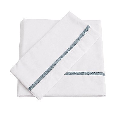 Jogo De Lençol 180 Fios - Branco/Acabamento Em Tricot Azul Canto