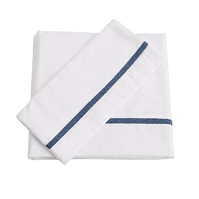 Jogo De Lençol 180 Fios - Branco/Acabamento Em Tricot Azul Marinho Tirreno