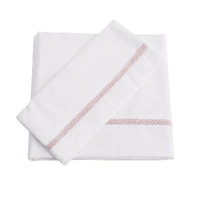 Jogo De Lençol 180 Fios - Branco/Acabamento Em Tricot Rosa Pastel