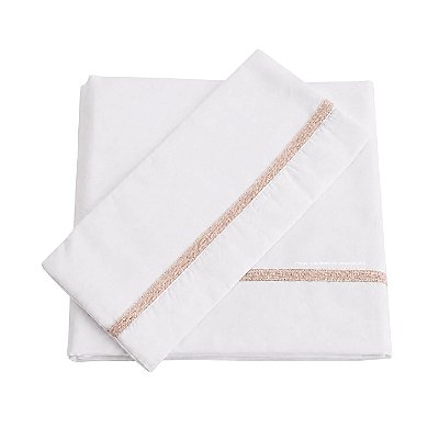 Jogo De Lençol 180 Fios - Branco/Acabamento Em Tricot Salmão Rosê