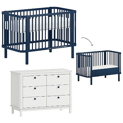 Conjunto - Berço 2 Em 1 Kurve + Cômoda 6 Gavetas - Azul Petróleo
