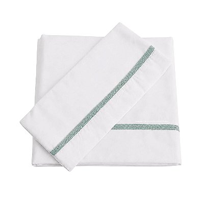 Jogo De Lençol 180 Fios - Branco/Acabamento Em Tricot Verde Senécio