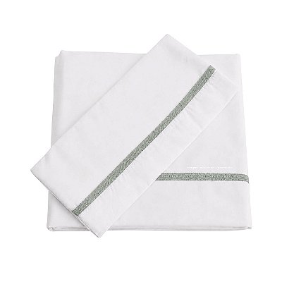 Jogo De Lençol 180 Fios - Branco/Acabamento Em Tricot Verde M.Plantação