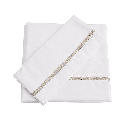 Jogo De Lençol 180 Fios - Branco/Acabamento Em Tricot Bege Nuvem