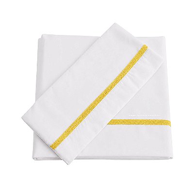 Jogo De Lençol 180 Fios - Branco/Acabamento Em Tricot Amarelo Plus