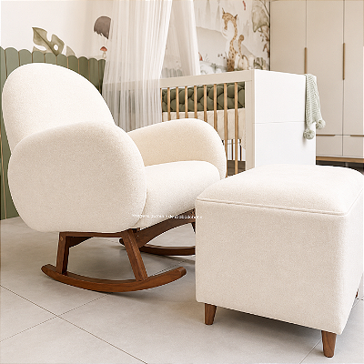 Poltrona De Amamentação Natu + Puff - Com Balanço - Boucle Creme - prontaentrega