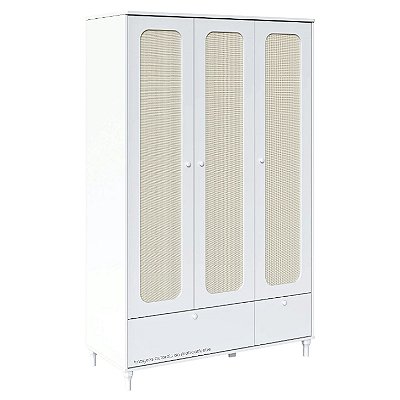 Guarda-Roupa Infantil 3 Portas Fofura - Branco Com Rattan