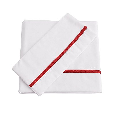 Jogo De Lençol 180 Fios - Branco/Acabamento Em Tricot Vermelho Tomate