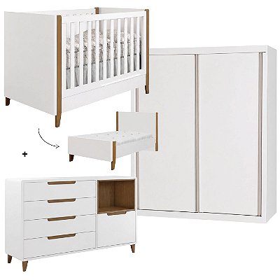 Quarto Completo - Berço 2 Em 1 Capri + Cômoda Capri Com Nicho + Guarda-Roupa White II - Branco/Pés Mel