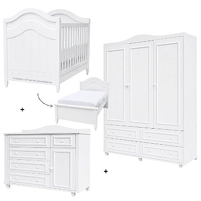 Quarto Completo Paris - Berço 2 Em 1 + Cômoda Com Porta + Guarda-Roupa 3 Portas - Branco