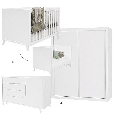 Quarto Completo - Berço 2 Em 1 Lili II + Cômoda Lili II + Guarda-Roupa 2 Portas De Correr - Branco