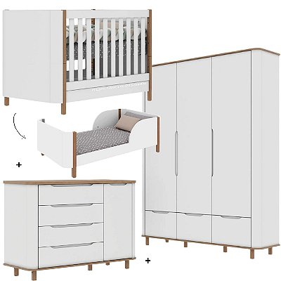 Quarto Completo Olivia - Berço 2 Em 1 + Cõmoda C/Porta + Roupeiro 3 Portas - Pé Quadrado - Branco Com Cinamomo