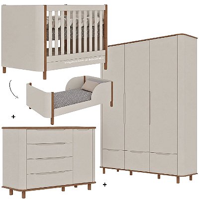 Quarto Completo Olivia - Berço 2 Em 1 + Cõmoda C/Porta + Roupeiro 3 Portas - Pé Quadrado - Off White Com Cinamomo