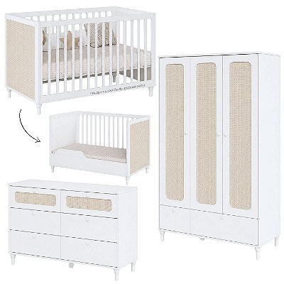 Quarto Completo Fofura - Berço 2 Em 1 + Cõmoda 3 Gavetas + Guarda-Roupa 3 Portas - Branco Com Rattan