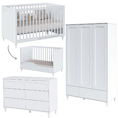 Quarto Completo Fofura - Berço 2 Em 1 + Cõmoda 3 Gavetas + Guarda-Roupa 3 Portas - Branco