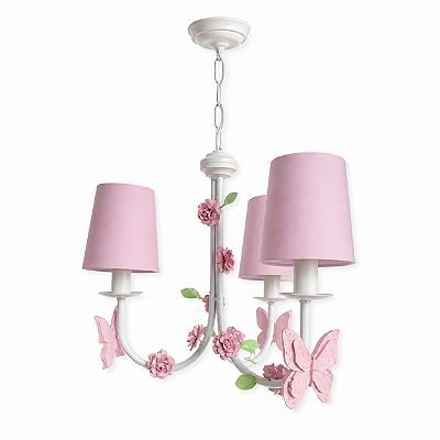 Lustre de Borboleta e Flores - Branco e Rosa