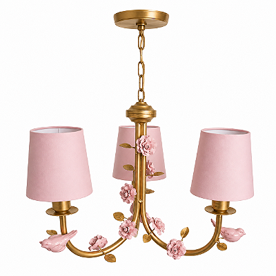 Lustre de Flores e Passarinhos - Dourado e Rosa - 3 Cúpulas