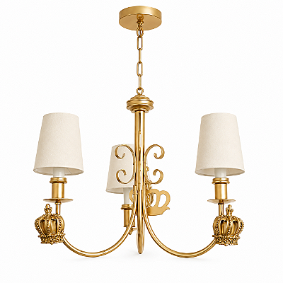 Lustre Coroa - Dourado e Bege - 3 Braços Cúpulas