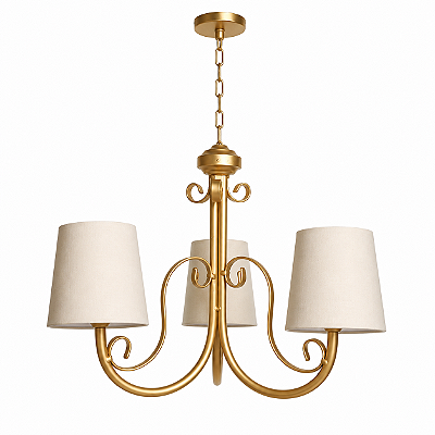 Lustre Luminária Arabesco Dourado e Bege - 3 Braços Cúpulas