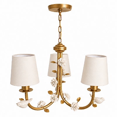 Lustre de Flores e Passarinhos - Dourado E Off White - 3 Cúpulas