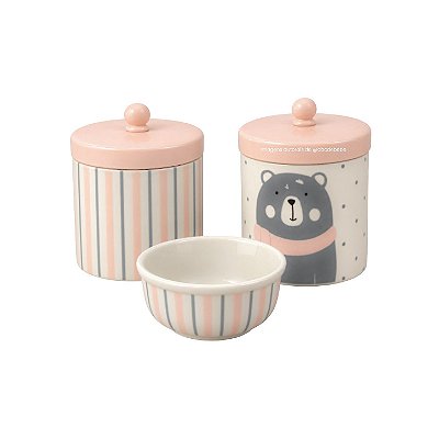 Kit Higiene 3 Peças Urso Com Listras Rosa/Cinza - Peça De Mostruário - prontaentrega