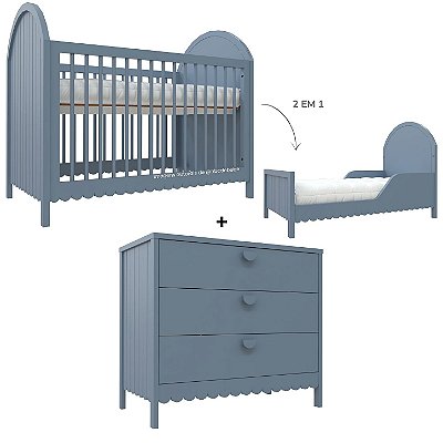 Cojunto Berço 2 Em 1 E Cômoda Rococó - Azul Sereno