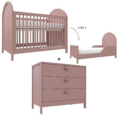 Cojunto Berço 2 Em 1 E Cômoda Rococó - Rose