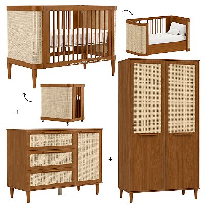 Quarto Completo Paglia - Berço 3 Em 1 + Cômoda Com Porta + Roupeiro 2 Portas - Nogueira/Louro Freijó