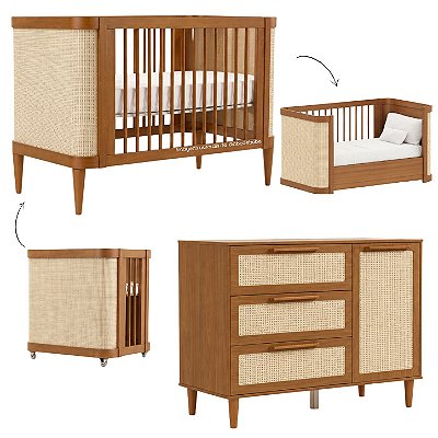 Conjunto Paglia - Berço 3 Em 1 + Cômoda Com Porta - Nogueira/Louro Freijó