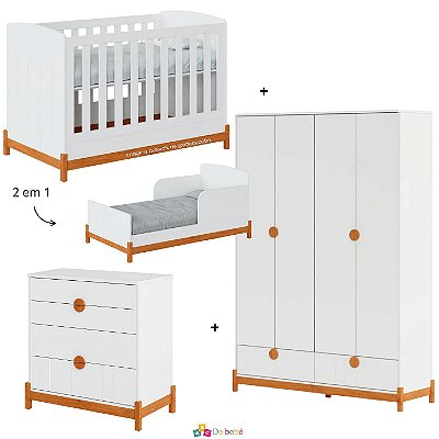Quarto Completo Lamê - Berço 2 Em 1 + Cômoda + Guarda-Roupa 4 Portas - Branco Com Carvalho Avelã