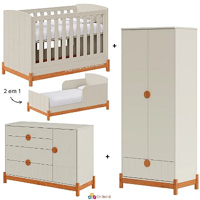 Quarto Completo Lamê - Berço 2 Em 1 + Cômoda + Guarda-Roupa 2 Portas - Areia Com Carvalho Avelã