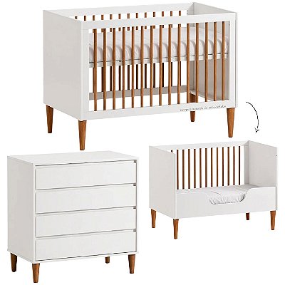 Conjunto Luny - Berço 2 Em 1 + Cômoda 3 Gavetas - Branco Com Nogueira
