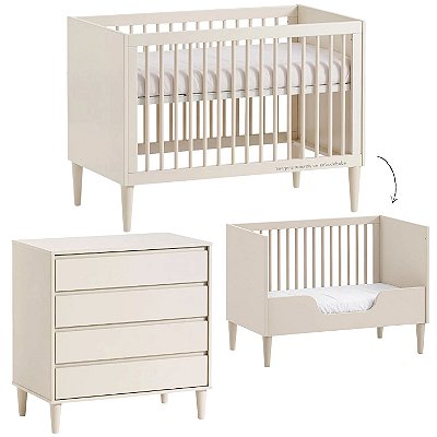 Conjunto Luny - Berço 2 Em 1 + Cômoda 3 Gavetas - Areia